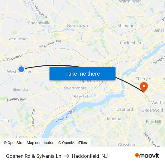 Goshen Rd & Sylvania Ln to Haddonfield, NJ map