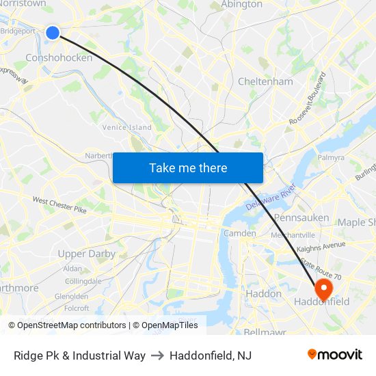 Ridge Pk & Industrial Way to Haddonfield, NJ map