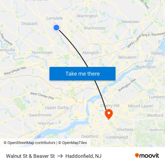 Walnut St & Beaver St to Haddonfield, NJ map