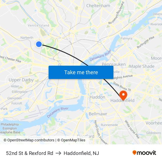 52nd St & Rexford Rd to Haddonfield, NJ map