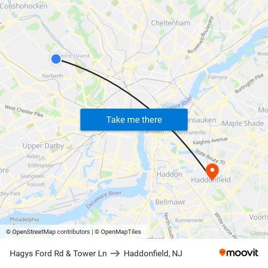 Hagys Ford Rd & Tower Ln to Haddonfield, NJ map