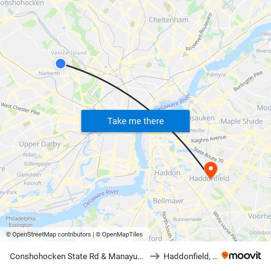 Conshohocken State Rd & Manayunk Rd to Haddonfield, NJ map