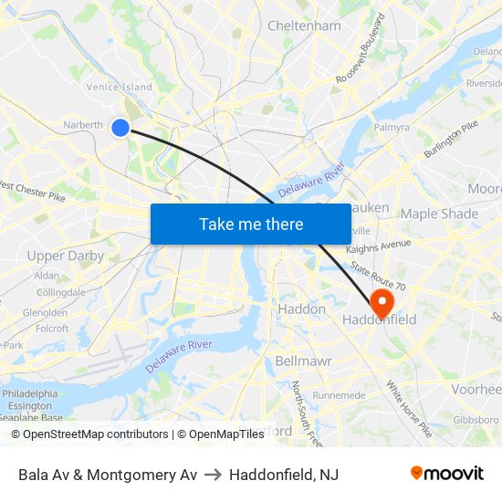 Bala Av & Montgomery Av to Haddonfield, NJ map