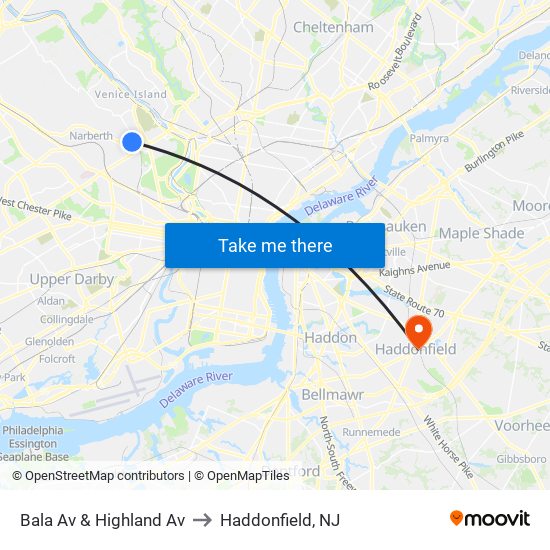 Bala Av & Highland Av to Haddonfield, NJ map