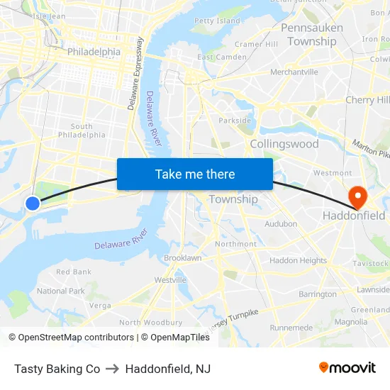 Tasty Baking Co to Haddonfield, NJ map