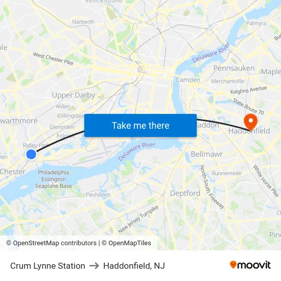 Crum Lynne Station to Haddonfield, NJ map