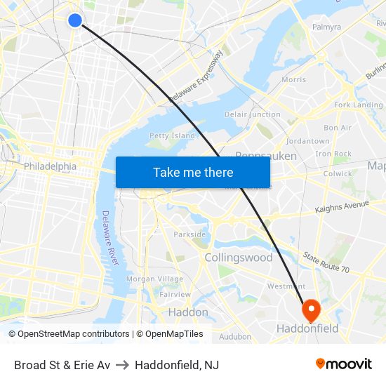 Broad St & Erie Av to Haddonfield, NJ map
