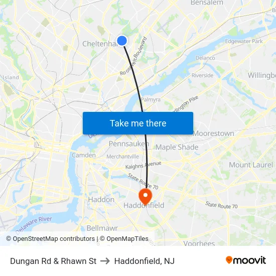 Dungan Rd & Rhawn St to Haddonfield, NJ map