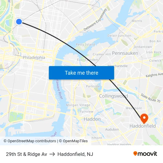 29th St & Ridge Av to Haddonfield, NJ map