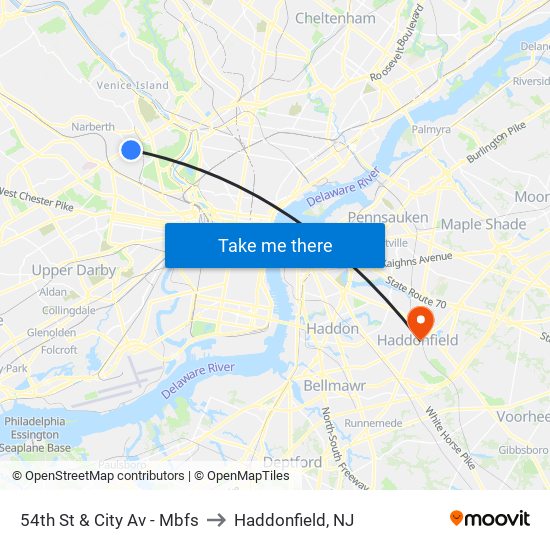 54th St & City Av - Mbfs to Haddonfield, NJ map
