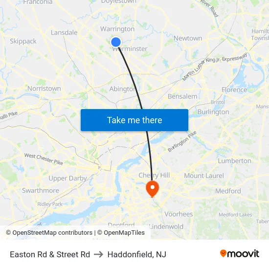 Easton Rd & Street Rd to Haddonfield, NJ map