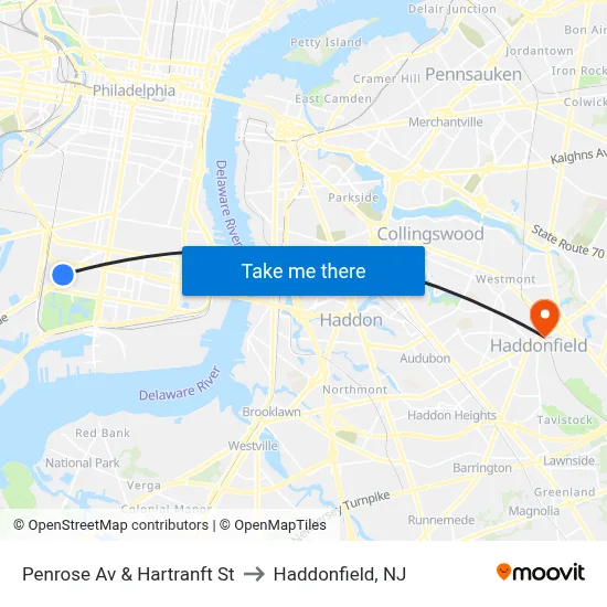 Penrose Av & Hartranft St to Haddonfield, NJ map