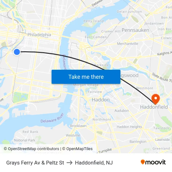 Grays Ferry Av & Peltz St to Haddonfield, NJ map