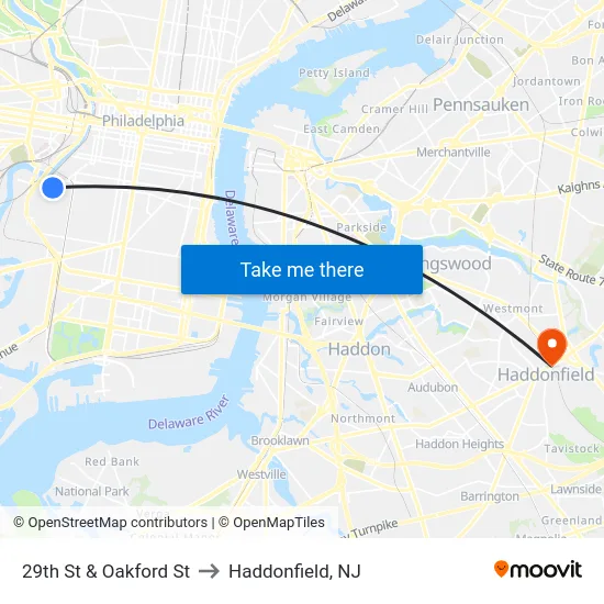 29th St & Oakford St to Haddonfield, NJ map