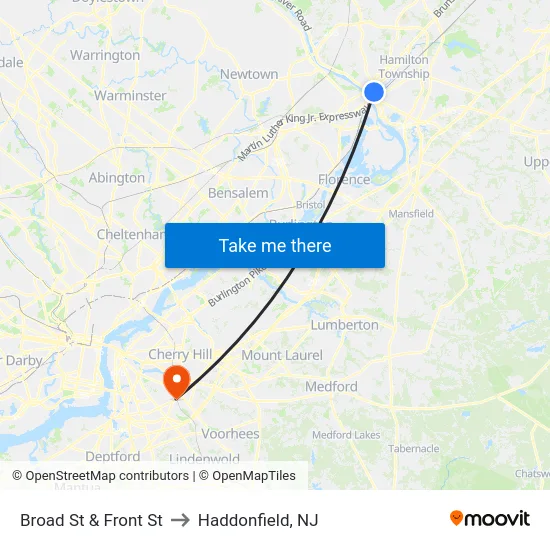 Broad St & Front St to Haddonfield, NJ map