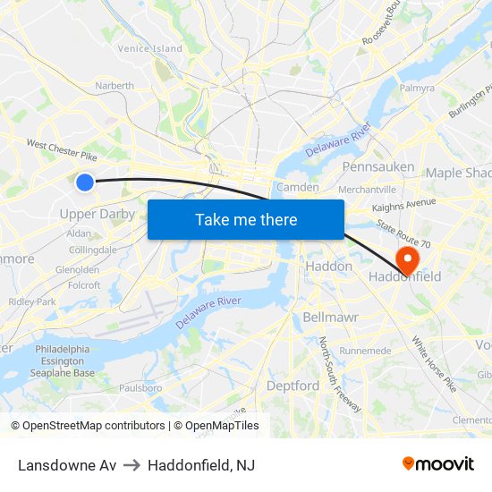 Lansdowne Av to Haddonfield, NJ map