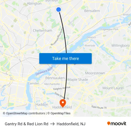 Gantry Rd & Red Lion Rd to Haddonfield, NJ map
