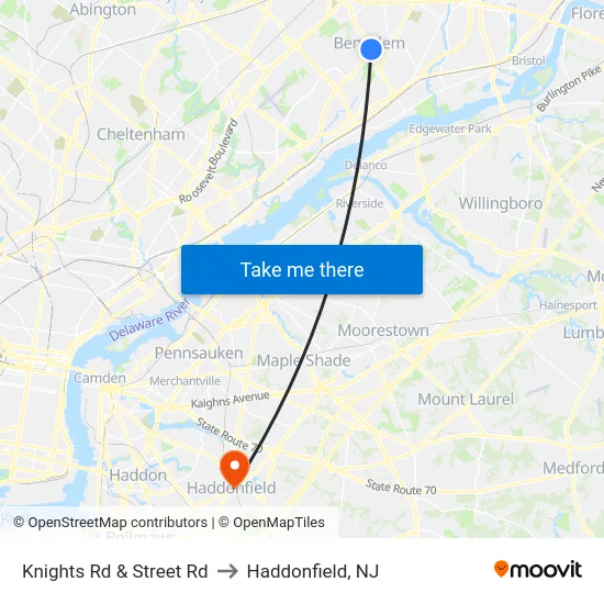 Knights Rd & Street Rd to Haddonfield, NJ map