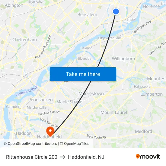 Rittenhouse Circle 200 to Haddonfield, NJ map