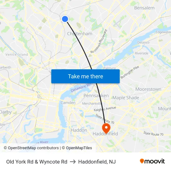 Old York Rd & Wyncote Rd to Haddonfield, NJ map