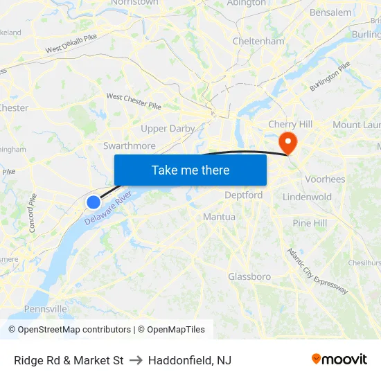 Ridge Rd & Market St to Haddonfield, NJ map