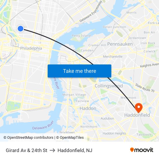 Girard Av & 24th St to Haddonfield, NJ map