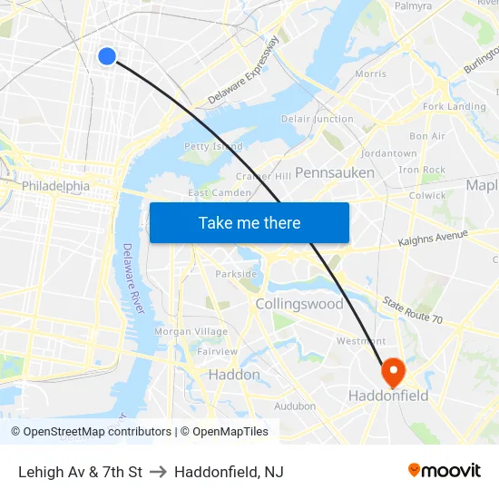 Lehigh Av & 7th St to Haddonfield, NJ map