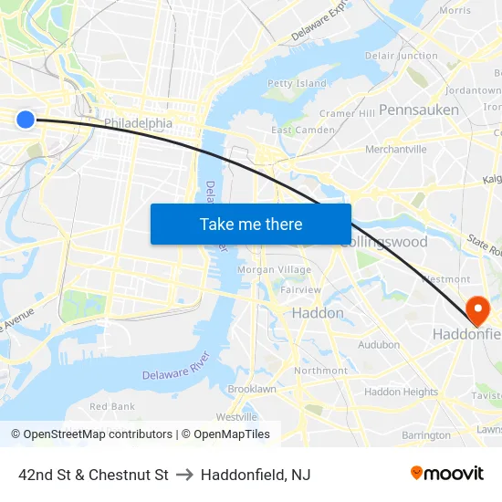42nd St & Chestnut St to Haddonfield, NJ map