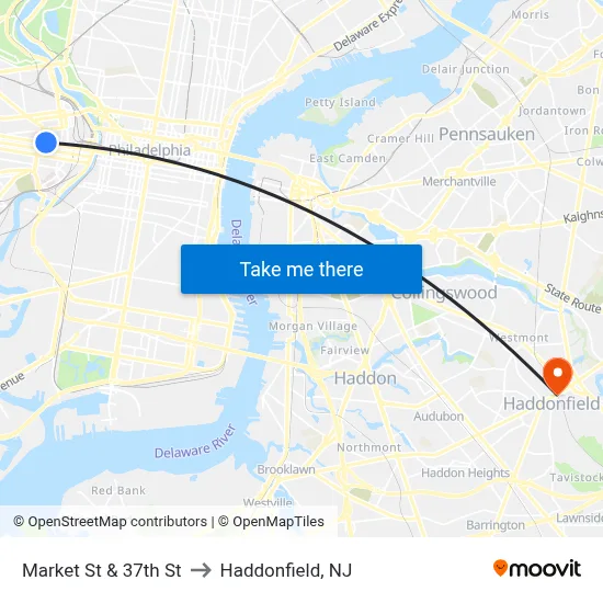 Market St & 37th St to Haddonfield, NJ map