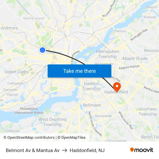 Belmont Av & Mantua Av to Haddonfield, NJ map