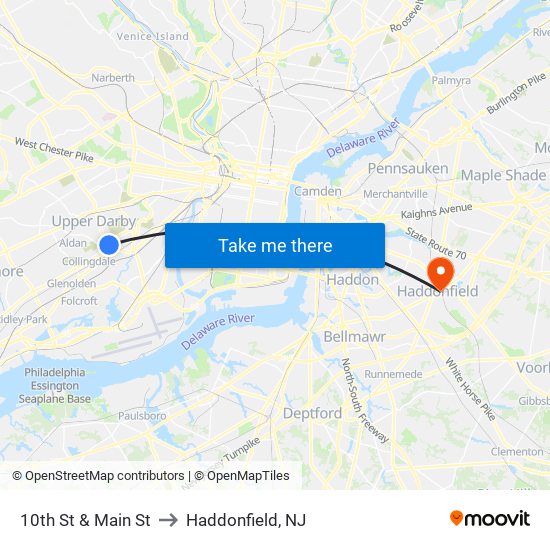 10th St & Main St to Haddonfield, NJ map