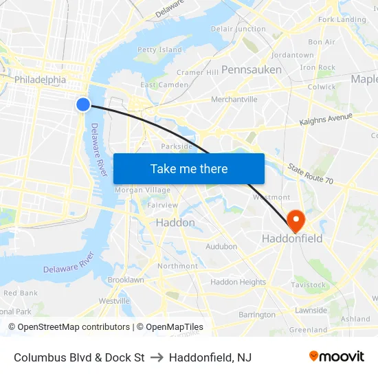 Columbus Blvd & Dock St to Haddonfield, NJ map