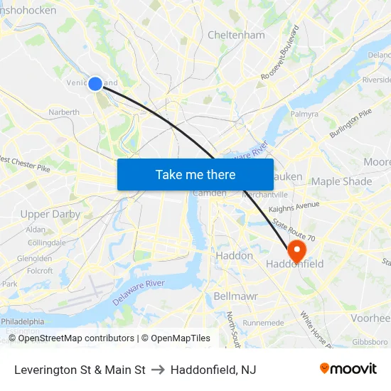 Leverington St & Main St to Haddonfield, NJ map