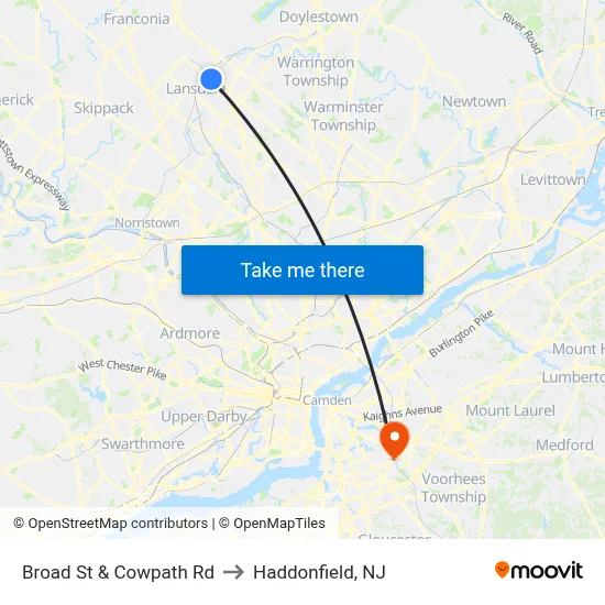 Broad St & Cowpath Rd to Haddonfield, NJ map