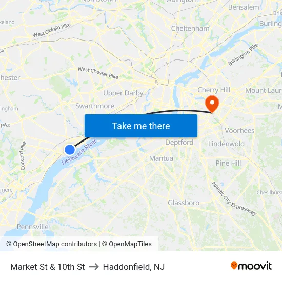Market St & 10th St to Haddonfield, NJ map