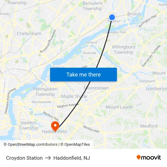 Croydon Station to Haddonfield, NJ map