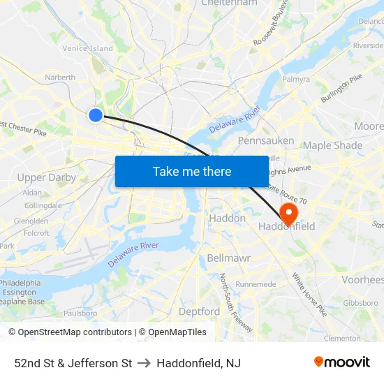52nd St & Jefferson St to Haddonfield, NJ map