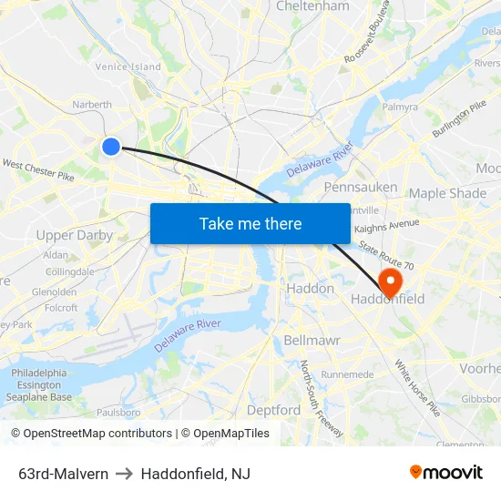 63rd-Malvern to Haddonfield, NJ map