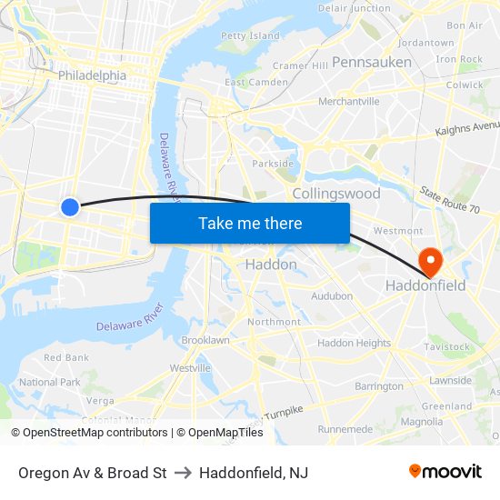Oregon Av & Broad St to Haddonfield, NJ map