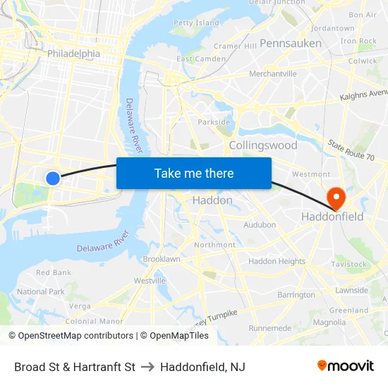 Broad St & Hartranft St to Haddonfield, NJ map