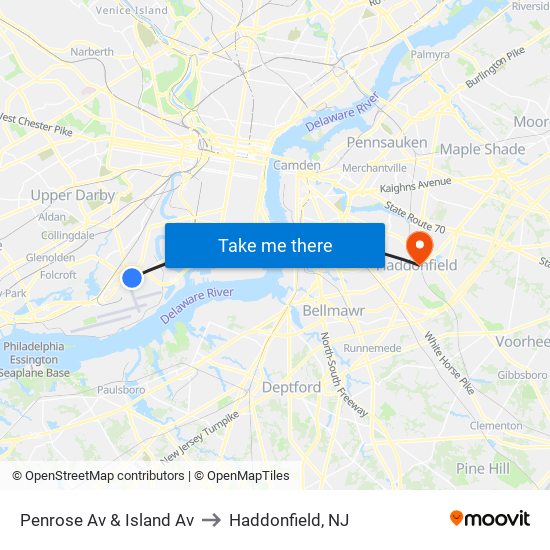 Penrose Av & Island Av to Haddonfield, NJ map