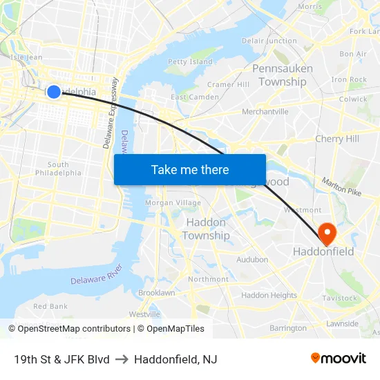 19th St & JFK Blvd to Haddonfield, NJ map