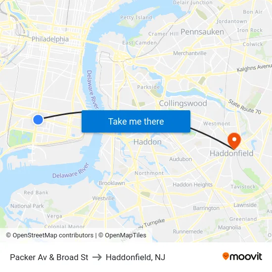 Packer Av & Broad St to Haddonfield, NJ map