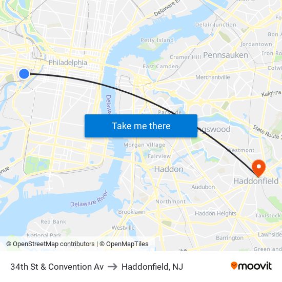 34th St & Convention Av to Haddonfield, NJ map