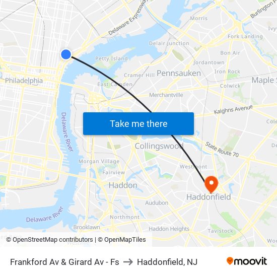 Frankford Av & Girard Av - Fs to Haddonfield, NJ map