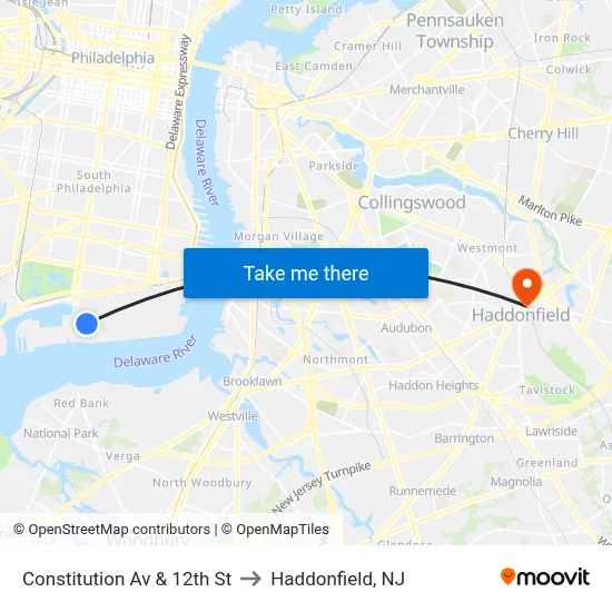 Constitution Av & 12th St to Haddonfield, NJ map
