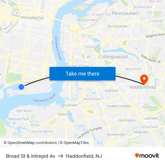 Broad St & Intrepid Av to Haddonfield, NJ map