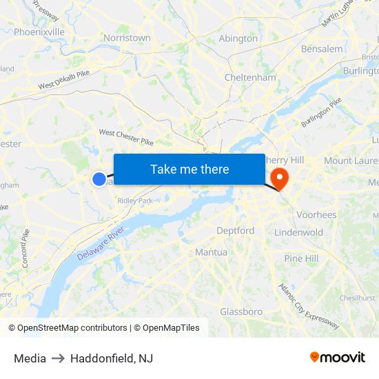 Media to Haddonfield, NJ map