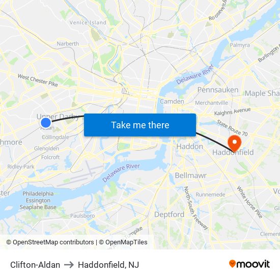 Clifton-Aldan to Haddonfield, NJ map