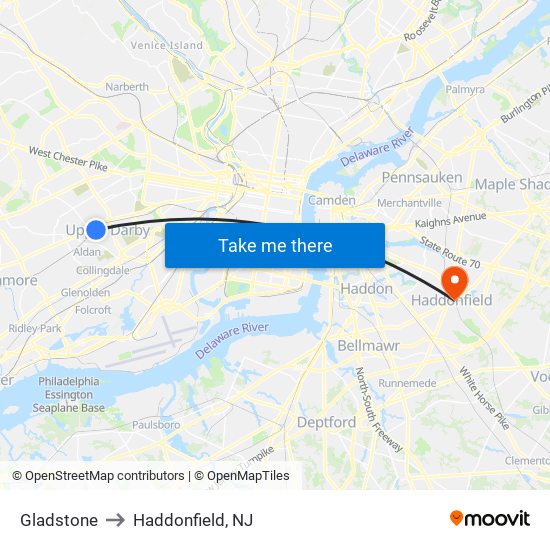 Gladstone to Haddonfield, NJ map